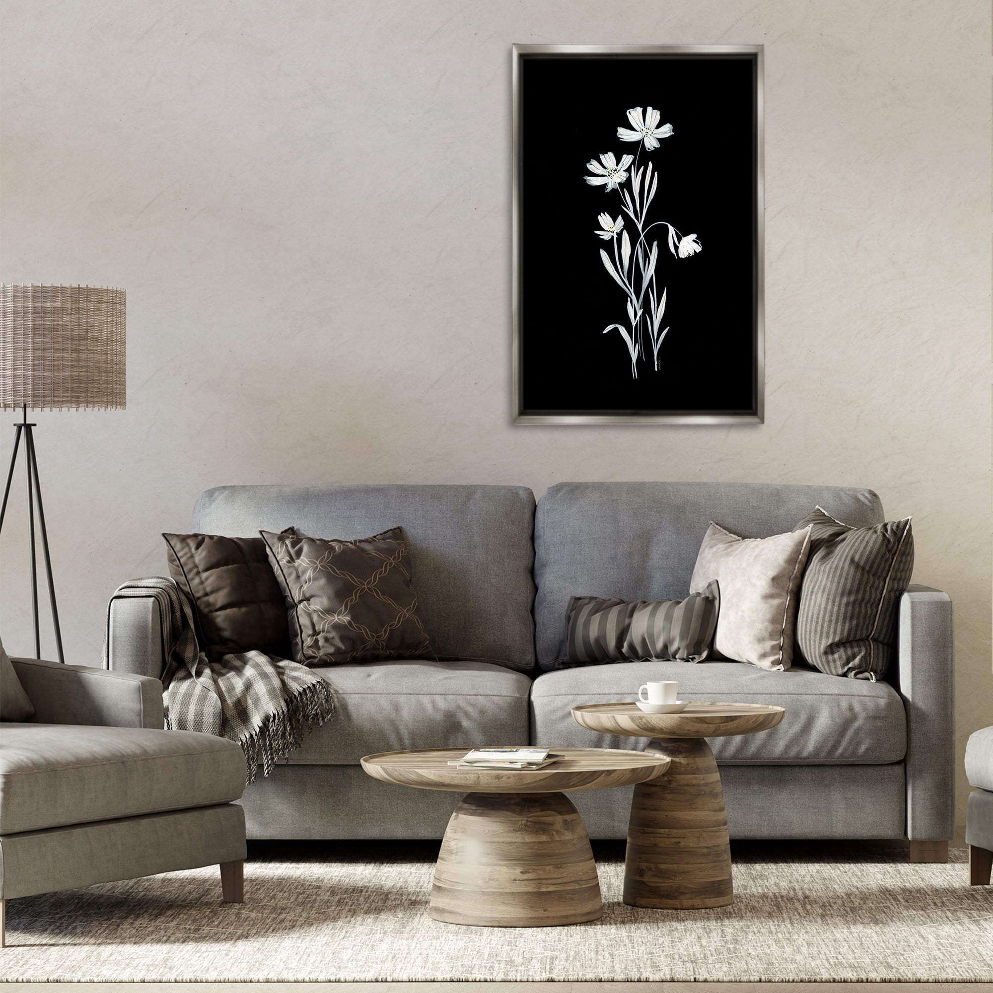 Stupell Industries Tall Stems on Black Plants & Flowers Painting Gray Floater Framed Canvas Art Print Wall Art, 21 x 31