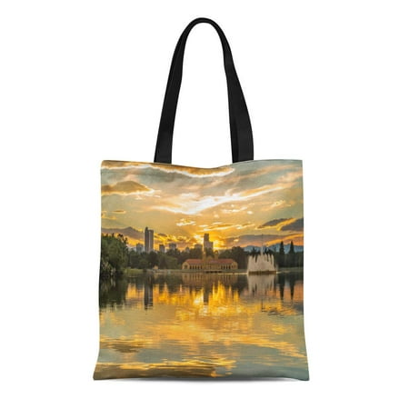 KDAGR Canvas Bag Resuable Tote Grocery Shopping Bags Golden Sunset at City Park Summer View of Ferril Lake in Denver Skyline Tote