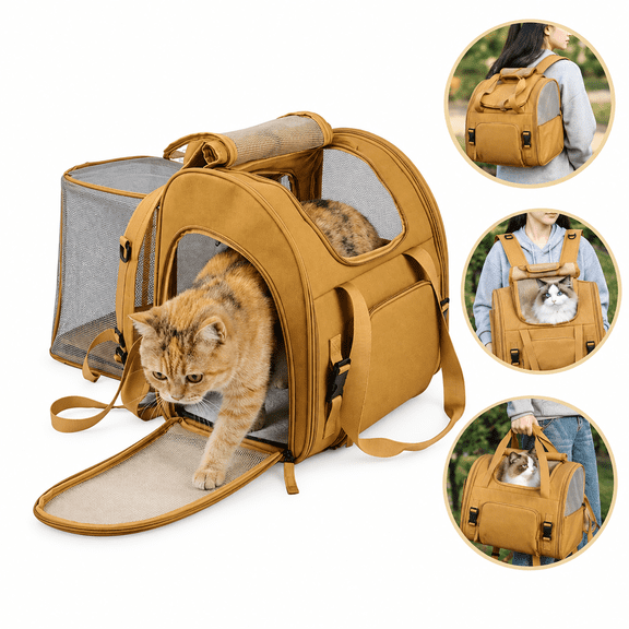 Leyeet Cat Carrier Backpack, Expandable Large Pet Carrier for Small Cat Puppies, Foldable Ventilated Pet Travel Bag with 3-Side Access & Safety Strap, Hands-Free Cat Travel Backpack for Camping