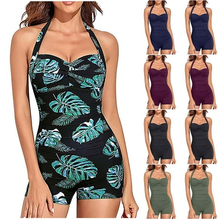 Elainilye Fashion Swimsuit for Women One-Piece Sleeveless Printed Bikini Set Swimsuit Push-Up Padded Swimwear Beachwear Black