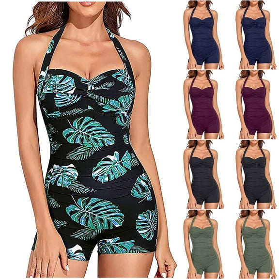 Elainilye Fashion Swimsuit for Women One-Piece Sleeveless Printed Bikini Set Swimsuit Push-Up Padded Swimwear Beachwear,Black