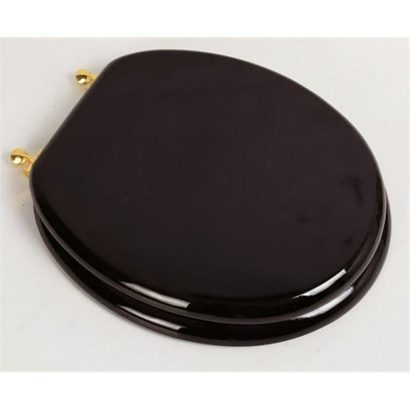 Designer Solid Round Oak Wood Toilet Seat with Polished Brass Hinges, Dark Brown Oak