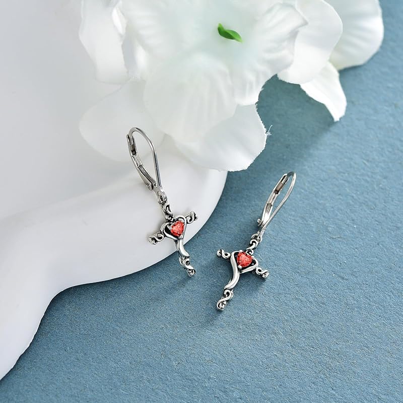 JKR Birthstone Cross Earrings 925 Sterling Silver Heart Cross Dangle Drop Earrings Fine Jewelry Birthday Gifts for Women Her Girlfriend