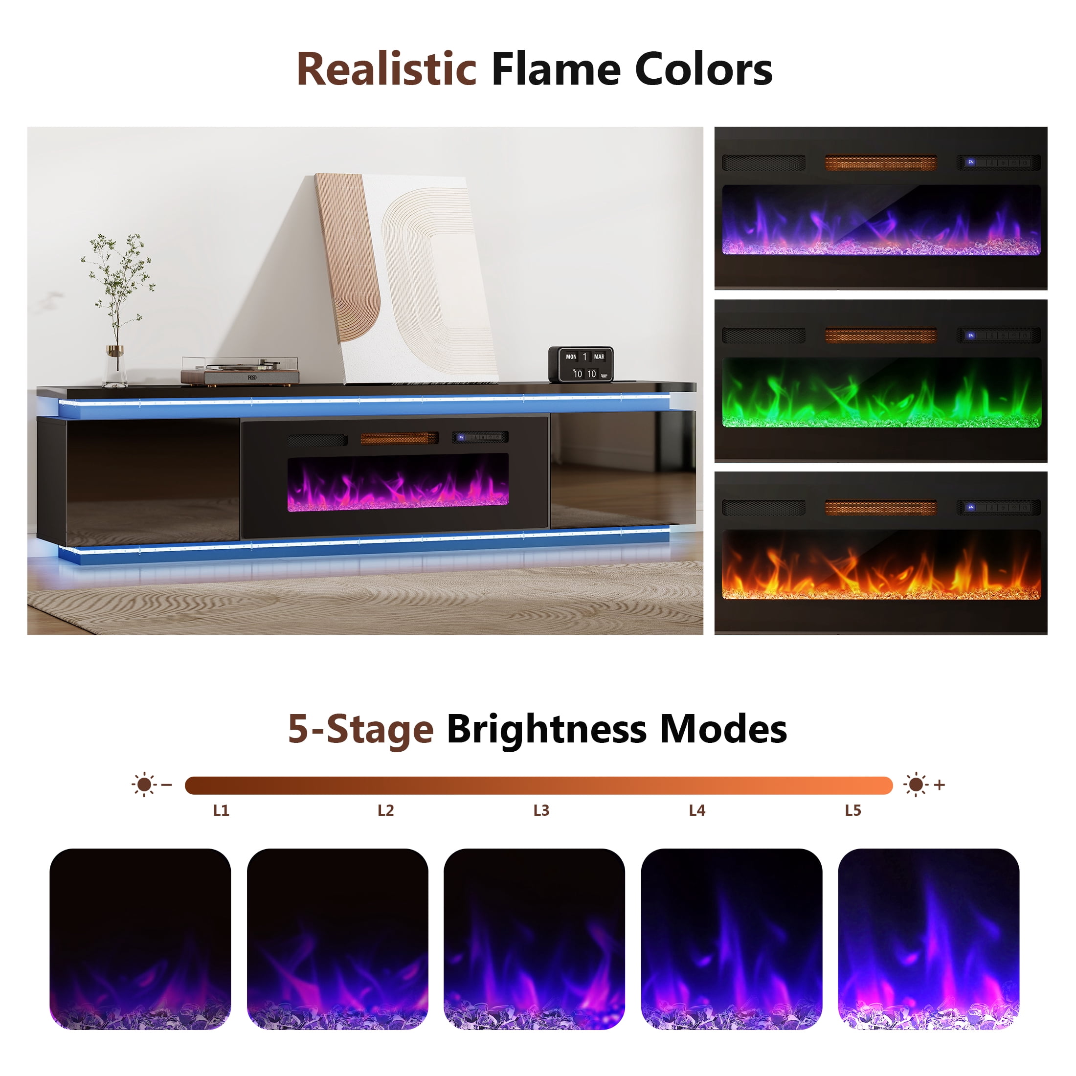Anrist Electric Fireplace TV Stand for TVs up to 95" with LED Lights & 4 AC Power Outlets, TV console for Living Room, Black, Ship in 2 Boxs