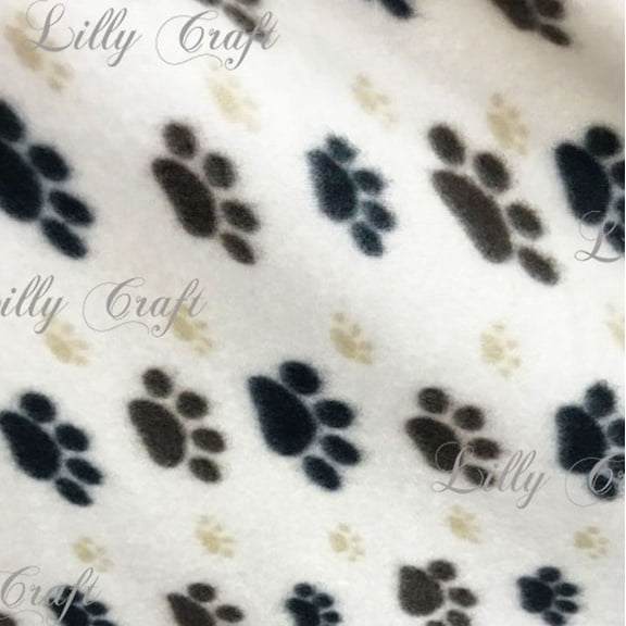 Lilly Craft Black and Beige DOG Paw Prints on White Fleece Anti-Pill FABRIC 58-60" Wide Sold by the Yard
