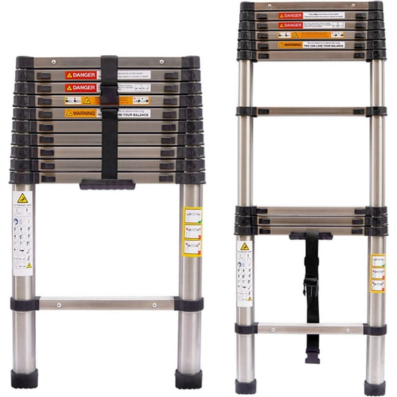 Stainless Steel Telescoping Ladder 10.5FT Heavy Duty Telescopic Extension Ladder Portable Collapsible Ladder 330lb Max Load for Home Maintenance Window Cleaning Garden Work Access Attic Loft