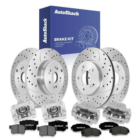 AutoShack Front Vented & Rear Solid Drilled & Slotted Silver Zinc Coated Brake Rotors   Ceramic Pads   Calipers 16-PC Brake Kit Replacement for 2007-2011 Honda CR-V SilverShield Pro