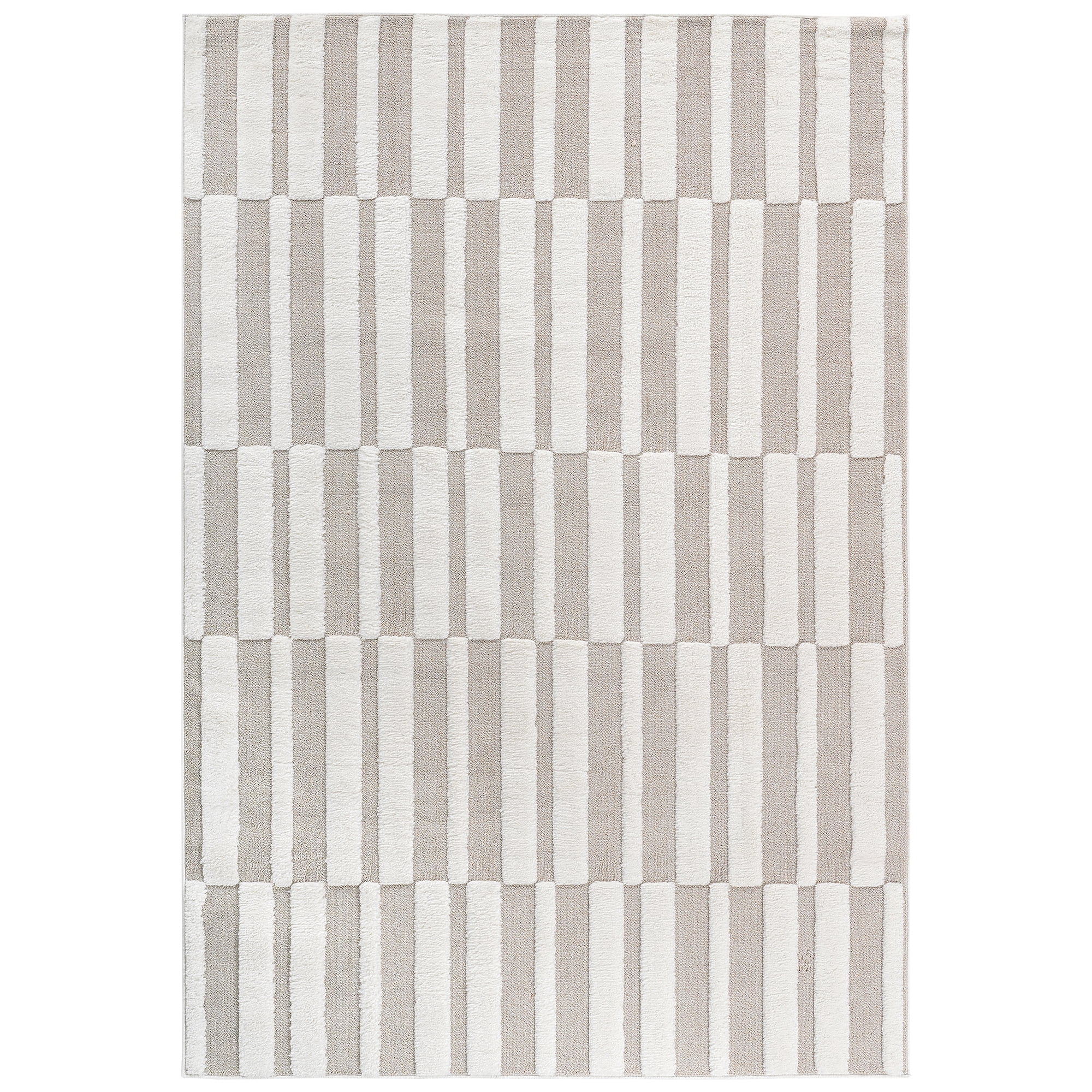 High-Low Striped Beige/Cream Indoor Area Rug 5x7ft Modern Contemporary Geometric Bohemian Non-Shedding Stain & Fade Resistant Jute Backing Rug for Bedroom Kitchen Living Room