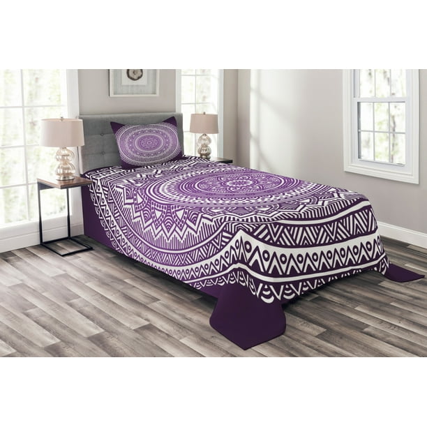 Purple Bedspread Set Twin Size, Ombre Mandala Art Print Vibrant Floral Pattern Boho Hippie Inspired Design, Quilted 3 Piece Decor Coverlet Set with Purple Bedspread Set Twin Size, Ombre Mandala Art Print Vibrant Floral Pattern Boho Hippie Inspired Design, Quilted 3 Piece Decor Coverlet Set with