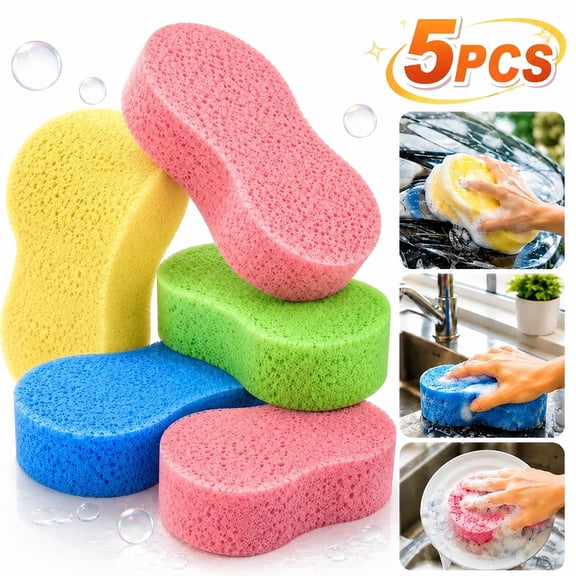 Genreen 5-Pack Car Wash Sponges, 9.1" x 4.3" x 1.7" Large Sponges, Extra Thick Foam Kit for All-Purpose Cleaning, Ideal Washing Sponges for Kitchen, Bathroom, Household