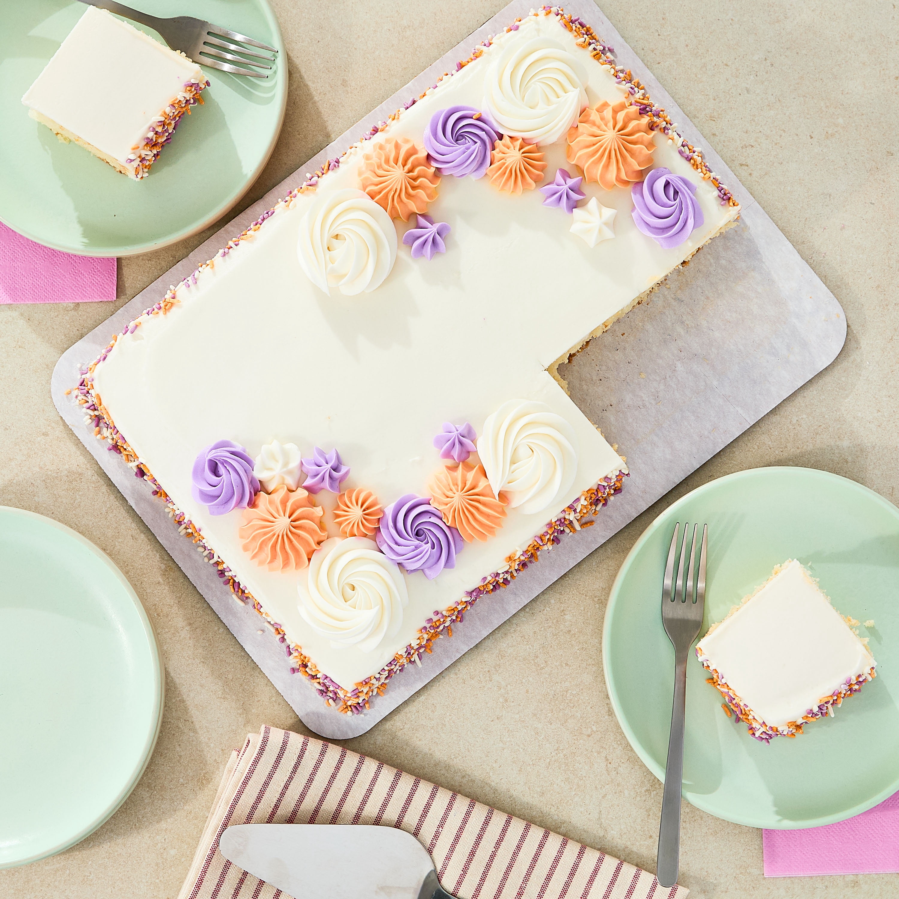 Freshness Guaranteed 1/4 Sheet Lavender & Coral White Cake with Creamy Buttercreme Icing, 55 oz