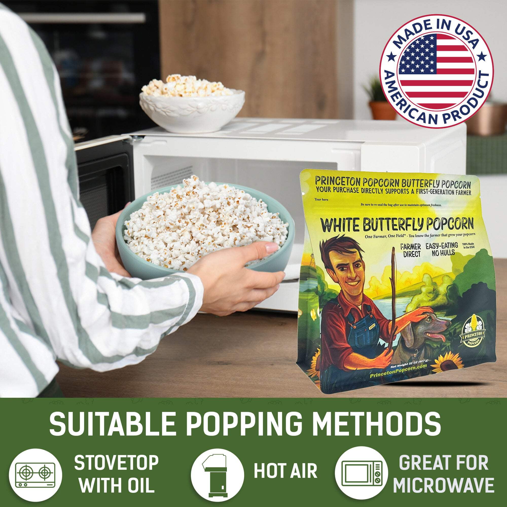 6lbs (Pack of 3 2lb) Bag Princeton Popcorn Baby White Popcorn Kernels, Tender, Small, Non GMO, Hulless, Farmer Direct, Gluten Free, Popping, For Oil Popcorn Popper, Microwave Popcorn or Air Popper