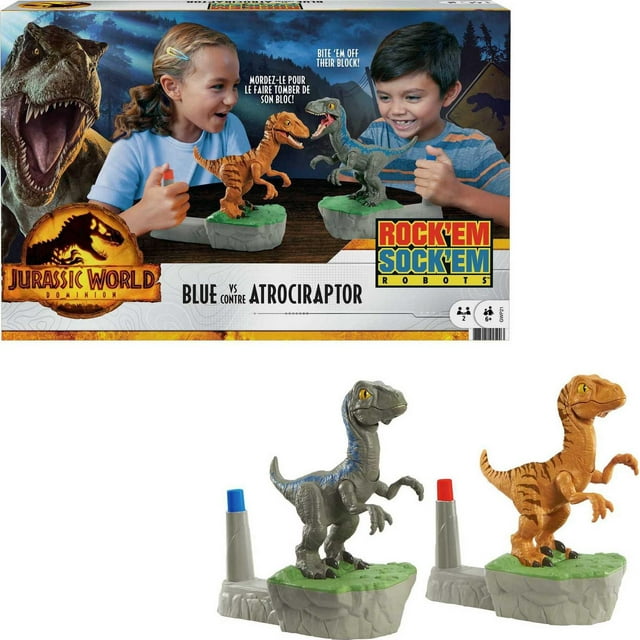 Jurassic World Dominion Rock ‘Em Sock ‘Em Robots Blue vs Atrociraptor Game with Battling Raptors, Toy Gift and Collectible for Dinosaur Fans