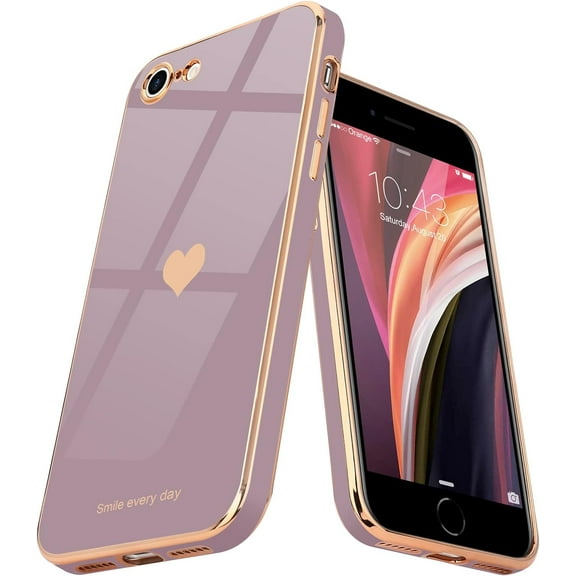 Phone Case  iPhone SE 2022, SE 2020, iPhone 7 Case, iPhone 8  Women Girl Cute Love-Heart Luxury Bling Soft Back Cover Camera Protection Bumper Silicone Shockproof, Lavender