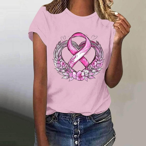 VKOYWKM Pink Ribbon Tshirts for Women Breast Cancer Breast Cancer Tees Short Sleeve Inspirational Tops Crew Neck Loose Fight Cancer T-Shirts Shirts