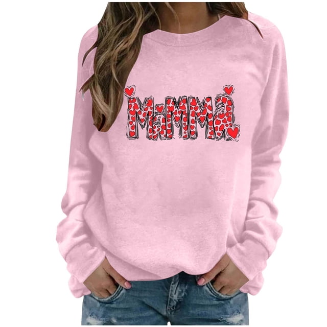 Xuyuer Women Long Sleeve Mama Sweatshirts Oversized Crewneck Pullover Hoodless Casual Knit Graphic Mom Tops