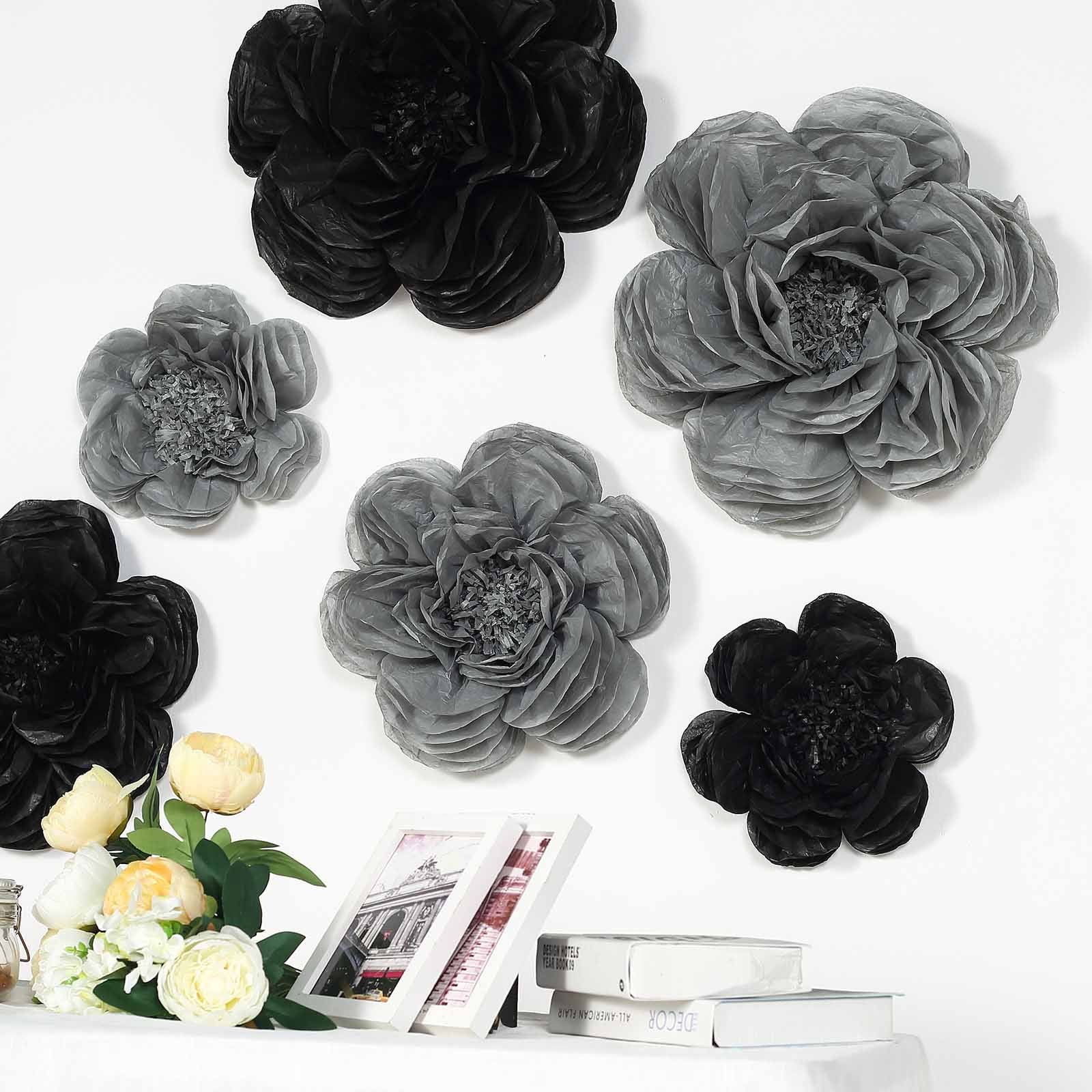 Efavormart 6 Pack Black & Charcoal Grey Assorted Size Giant Paper Peony Flowers Decor for Centerpieces - 12" | 16" | 20"