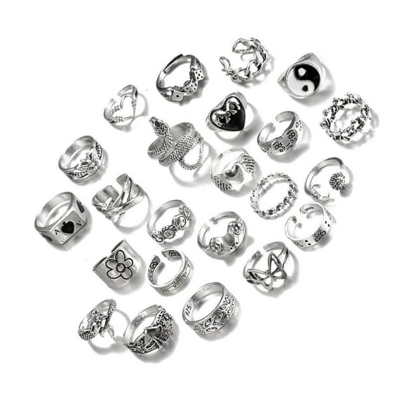 WE-POLUJ Pack of 24 Delicate Silver Rings Set For Men And Women With Diverse Y2K Designs