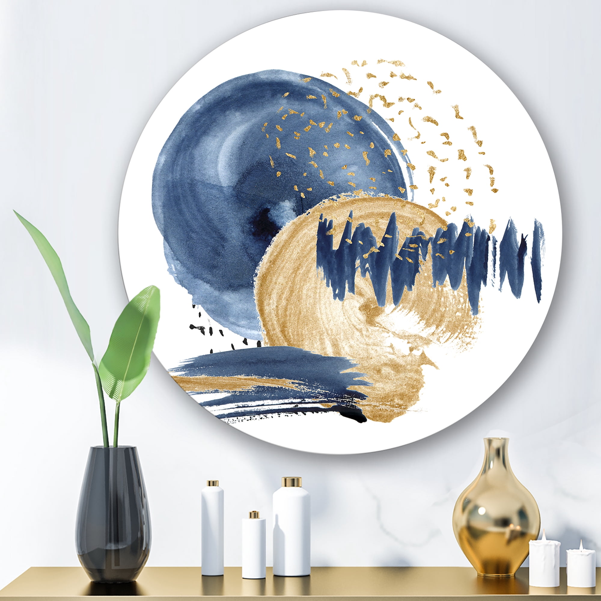 Designart 'Gold and Dark Blue Abstract Circle Ocean Texture' Modern Circle Metal Wall Art 23x23 - Disc of 23