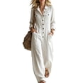 thumbnail image 2 of WULMLEO Womens Wide Leg Overall Cotton Linen Workout Long Sleeve V Neck Button Front One Piece Rompers Casual Dressy Comfy Plus Size Jumpsuits with Multi Pockets White XL, 2 of 7