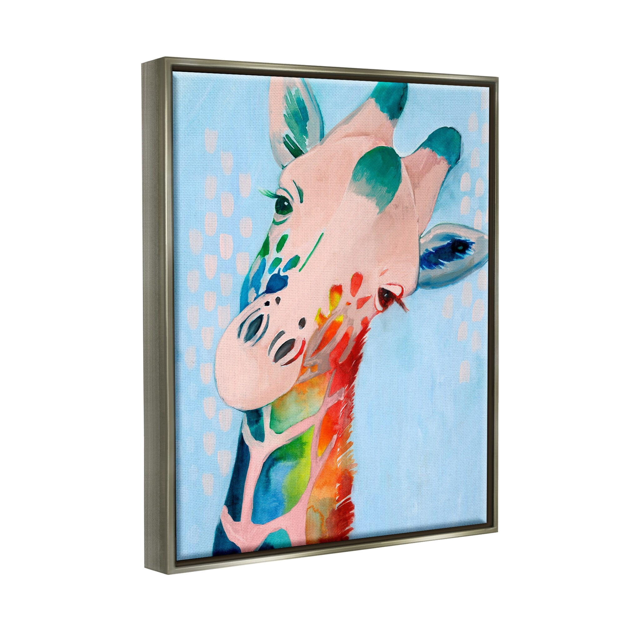 Stupell Industries Colorful Abstract Giraffe Animal Rainbow Blue Drawing Luster Gray Framed Floating Canvas Wall Art, 24x30, by Grace Popp