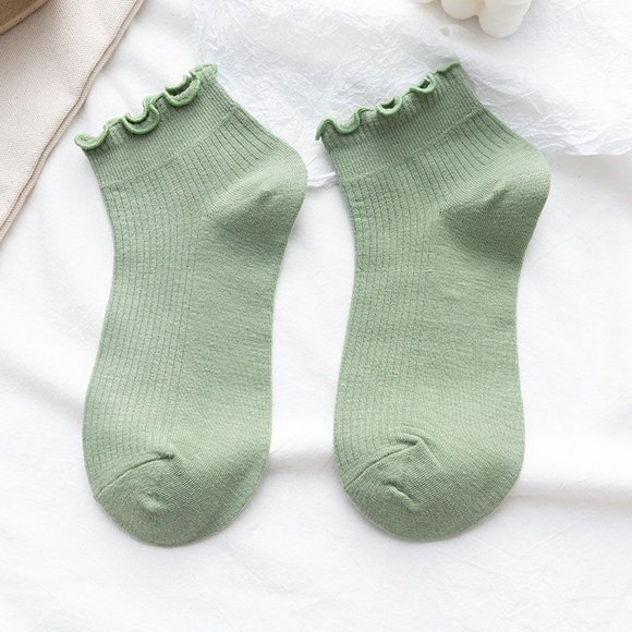 Cotton Women's Socks Frilly Ruffle Socks Spring Summer Casual Ankle Short Boat Socks Loose Knitting Solid Color Mid Tube Sock Green-