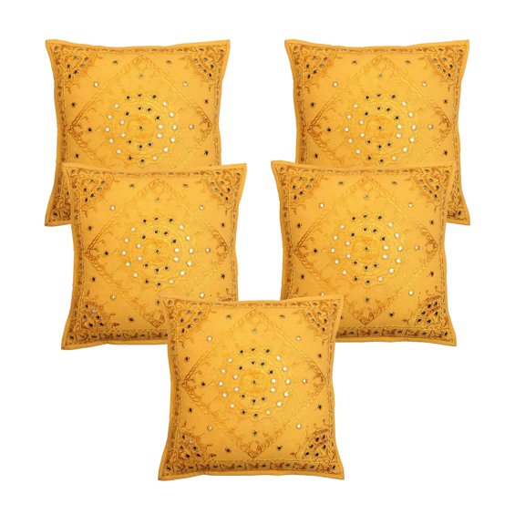 Stylo Culture Ethnic Decorative Throw Pillow Covers 24x24 Large Hand Embroidered Mango Yellow Bohemian 60 x 60 cm Home Decor Cotton Mirrored Square Cushion Covers | Set Of 5