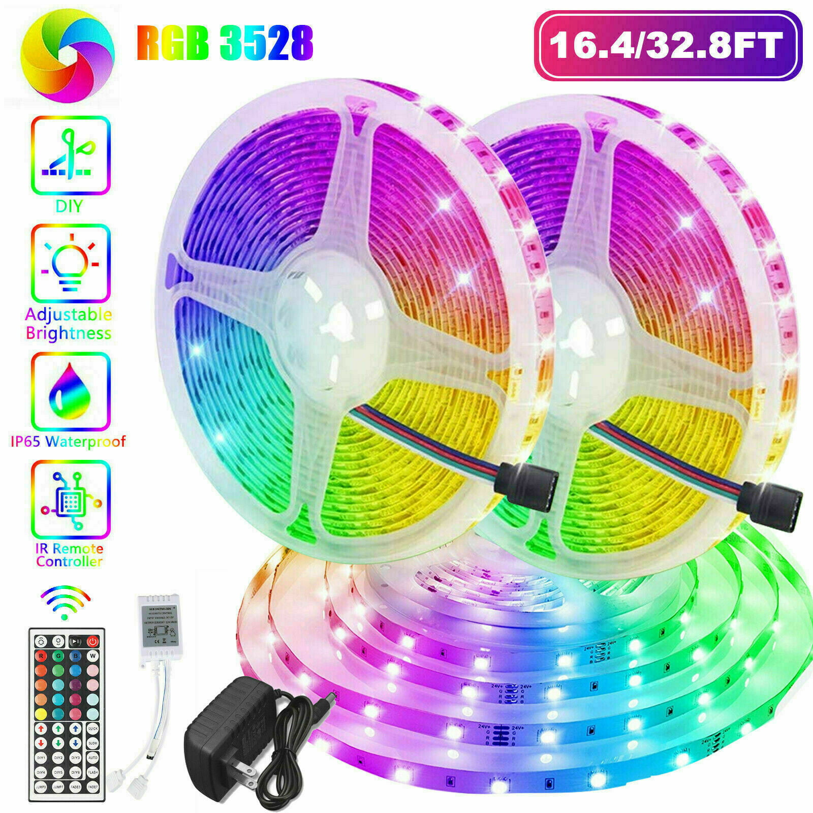 16ft RGB 3528 SMD 300 LED Rope Tape Lights Waterproof IP65 DC12V+24 Key Remote 