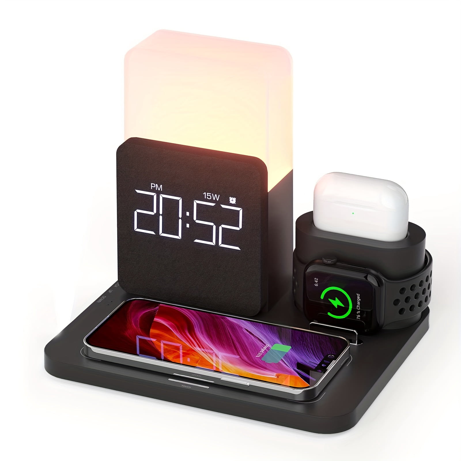 Alarm Clock with Wireless Charger, Night Light, Wireless Charging Station, 3 in 1 Charging Station, iPhone 12/13/14/15/16 Pro/13 Mini/13 Pro Max/12 pro, AirPods