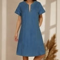 thumbnail image 2 of New V Neck Pleated Pocket Short Sleeved Denim Dress For Women Casual Dress, 2 of 4