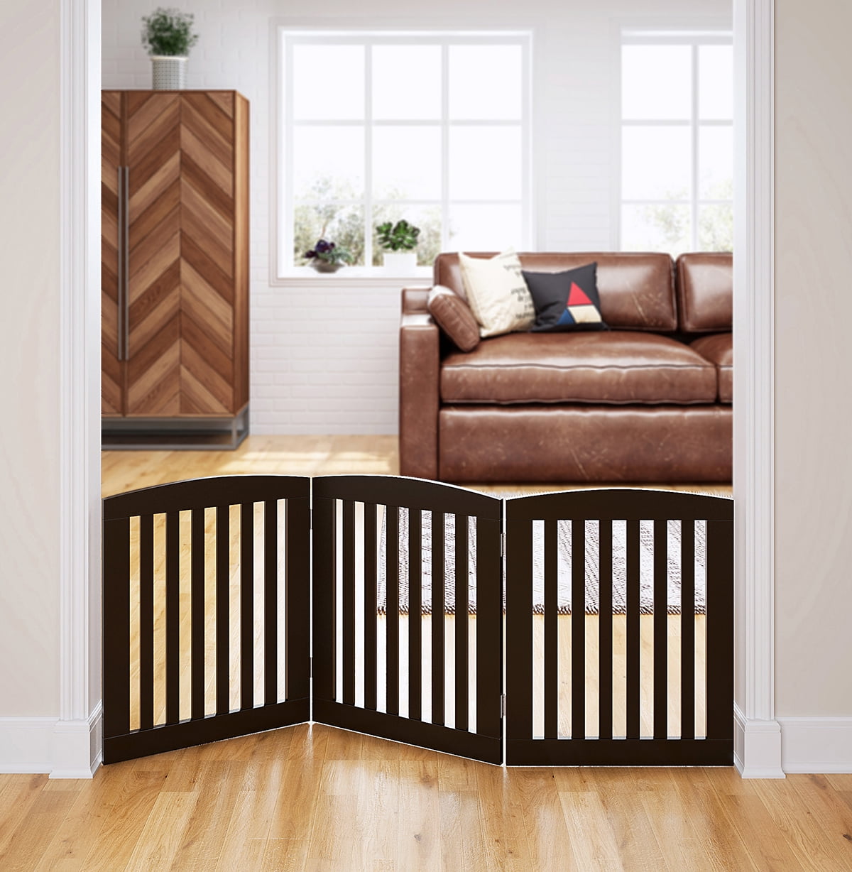 STAROUS Wooden Freestanding Foldable Pet Gate for Dogs, 24 inch 3 Panel Step Over Fence, Dog Gate for The House, Doorway, Stairs, Extra Wide, ï¼Espresso)