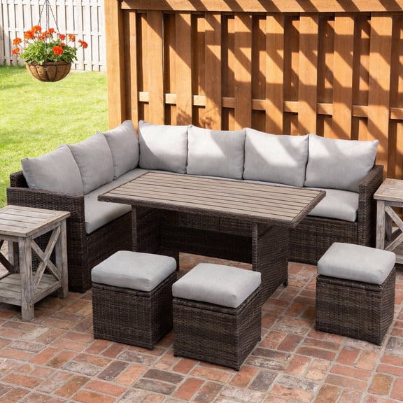 KIOOTTO 7-Piece Outdoor Patio Dining Set for 8-9 People, All-Weather PE Wicker Sectional Sofa with 52" WPC Table & Storage Shelf, Brown/Gray