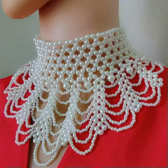 HOOUN Pearl Statement Chunky Collar Choker Beaded Egyptian Necklace Chain Wide Bib Us-white