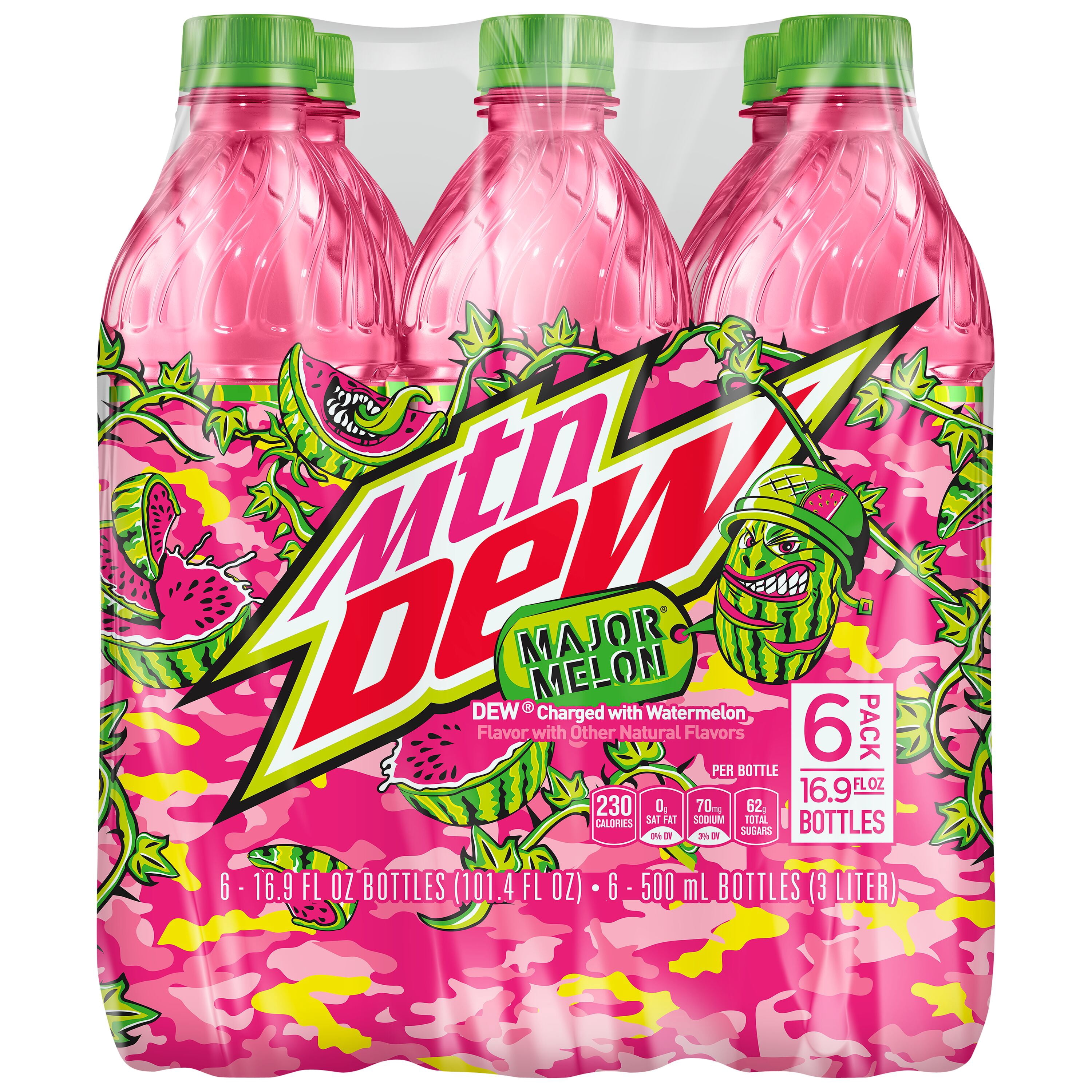 Mountain Dew Major Melon, Watermelon Citrus Soda Pop, 16.9 Fl Oz