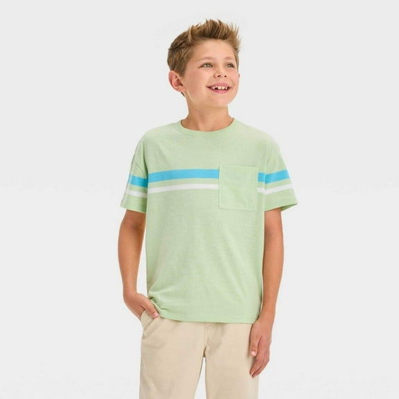 Boys' Short Sleeve Horizontal Chest Striped T-Shirt - Cat Jack™ Green XS (4/5)