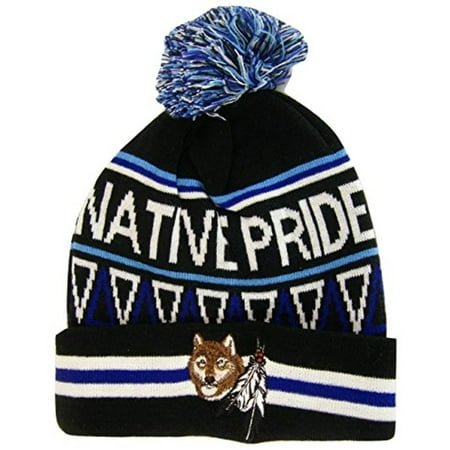 Native Pride Wolf With Feathers Cuffed Knit Winter Hat Pom Beanie (Black)