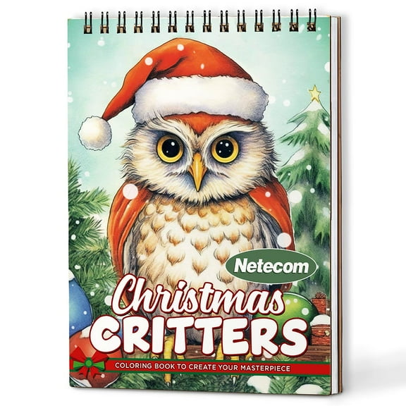 Netecom Christmas Critters Coloring Book Spiral Bound For Adults, A5 Wooden Cover, 30 Playful Coloring Pages of Cute Holiday Creatures for Stress Relief and Relaxation