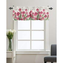Spirng Tulips Window Valance Kitchen Short Curtain Panels,Watercolor Pink Flower Rod Pocket Valances Curtains,Retro Linen Window Treatments Drapes for Living Room Bedroom Decor