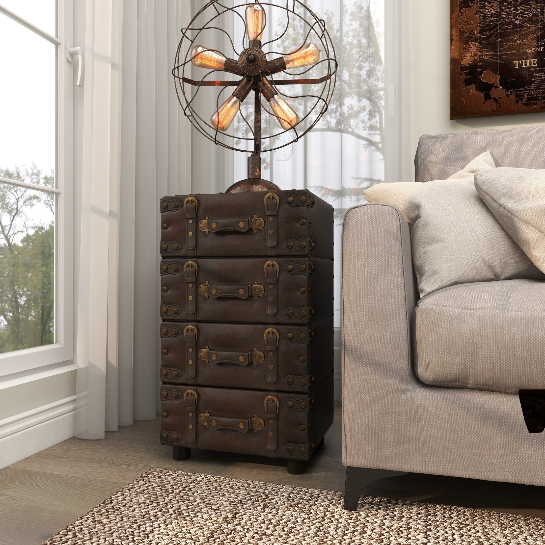 DecMode 16" x 28" Black Faux Leather Vintage 4 Drawer Chest with Buckle Straps and Gold Stud Details, 1-Piece