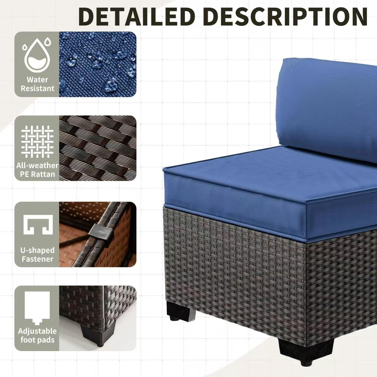 Gotland Outdoor Patio Set 8 Pcs Rattan Wicker Sofa with 43.3" Gas Fire Pit Table, Navy Blue