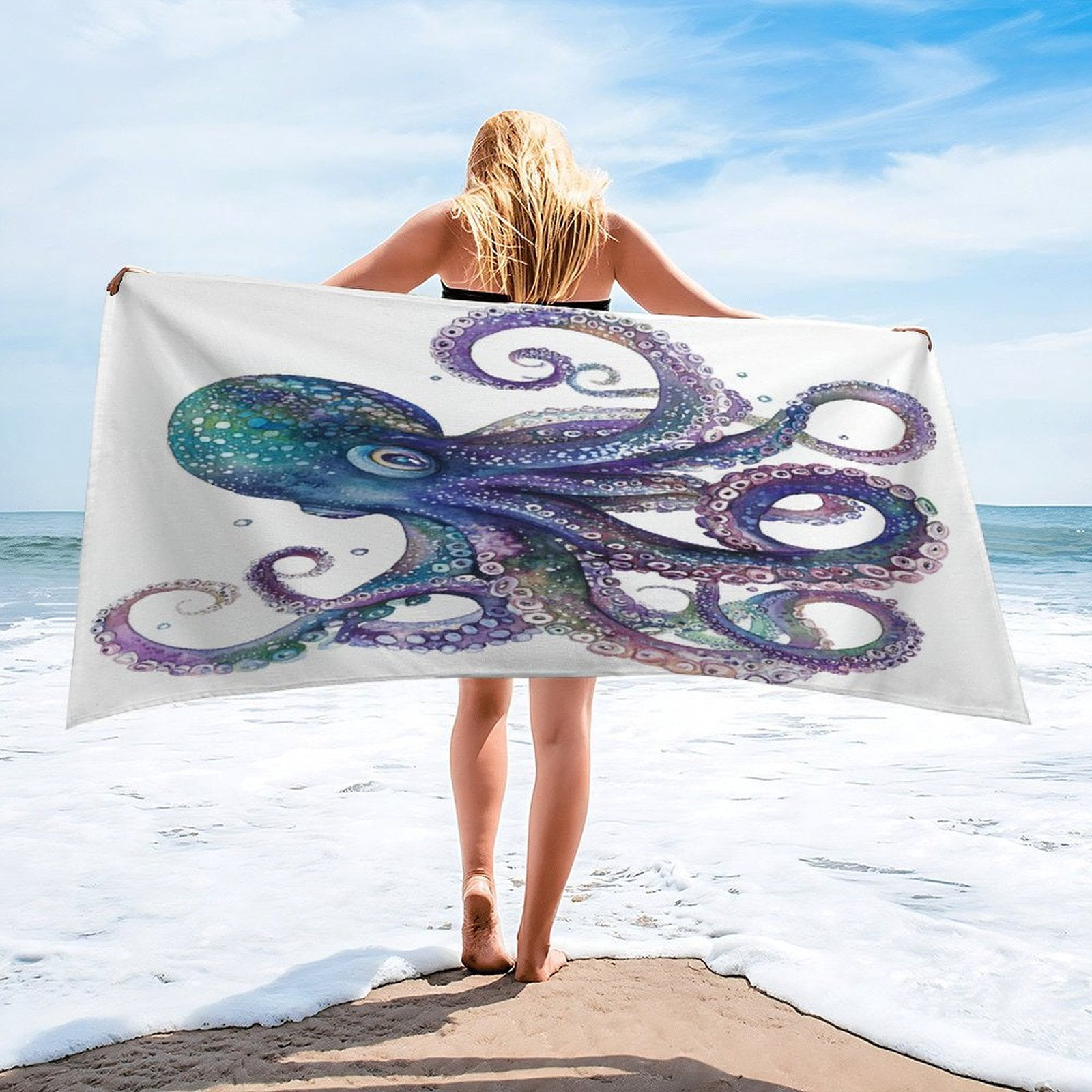 Octopus Watercolour Style Blue Or Pink Nautical Coastal Beach Towel 30x60 inch Nautical Coastal Octopus Microfiber Beach Towels for Travel Microfiber Sand Free Microfiber Absorbent Quick Dry