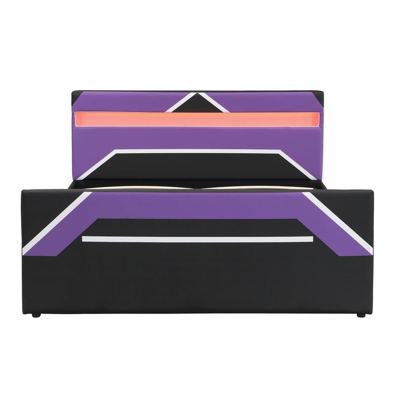 Queen Size Cyberpunk Style Low Profile Bed with LED Lighting Headboard, Hydraulic Storage Platform Bed Frame for Kids/Teens/Adults