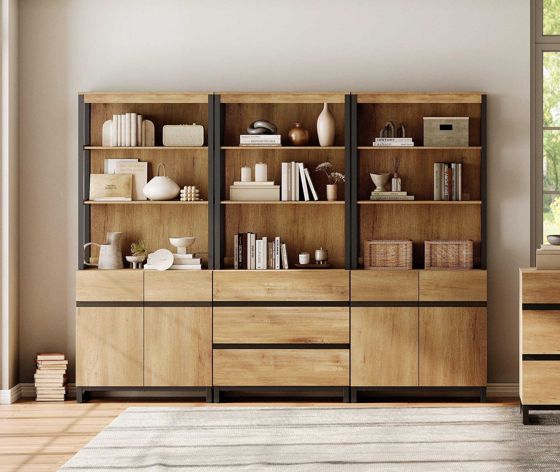 WAMPAT 3-Piece Modern 72" Tall Library Bookcase with 3 Drawers & Open Shelving,Freestanding Wood Bookshelf with Storage Cabinet & Adjustable Shelves for Home Office & Living Room, Oak