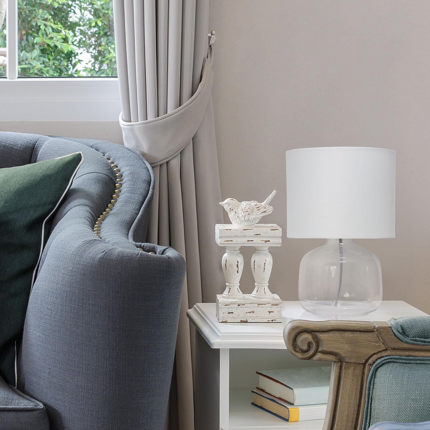 Simple Designs  Glass Table Lamp with Fabric Shade, Clear with Gray Shade