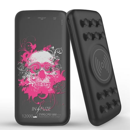 

INFUZE Qi Wireless Portable Charger for Samsung Galaxy A52 5G External Battery (12000 mAh 18W Power Delivery USB-C/USB-A 3.0 Ports Suction Cups) with Touch Tool - Pink Skull