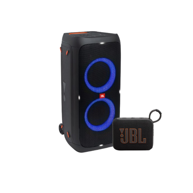 combo bocina jbl partybox 310 + jbl go 4 Partybox 310 vertical con dos drivers visibles iluminados en azul, rejilla negra, asas laterales, ruedas y controles superiores; GO 4 compacto negro con logo JBL naranja y aro de sujeción, adecuado para uso portátil y viajes cortos.