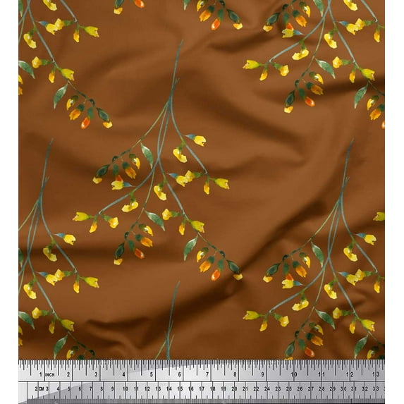Soimoi Brown Viscose Chiffon Fabric Leaves Watercolor Print Fabric by Yard 42 Inch Wide