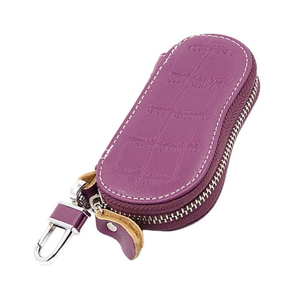 Funda para llavero de piel de vaca con cremallera para llaves de coche Púrpura