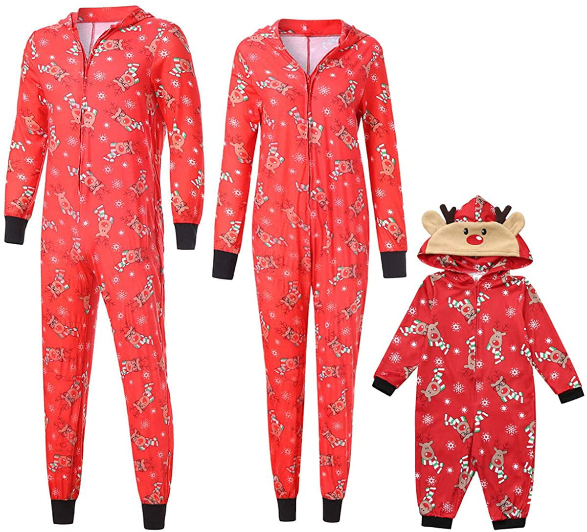 Christmas Family Matching Hoodie Pajamas Reindeer Romper Long Sleeve One Piece Jumpsuit Zipper Pjs for Adult Kids Baby