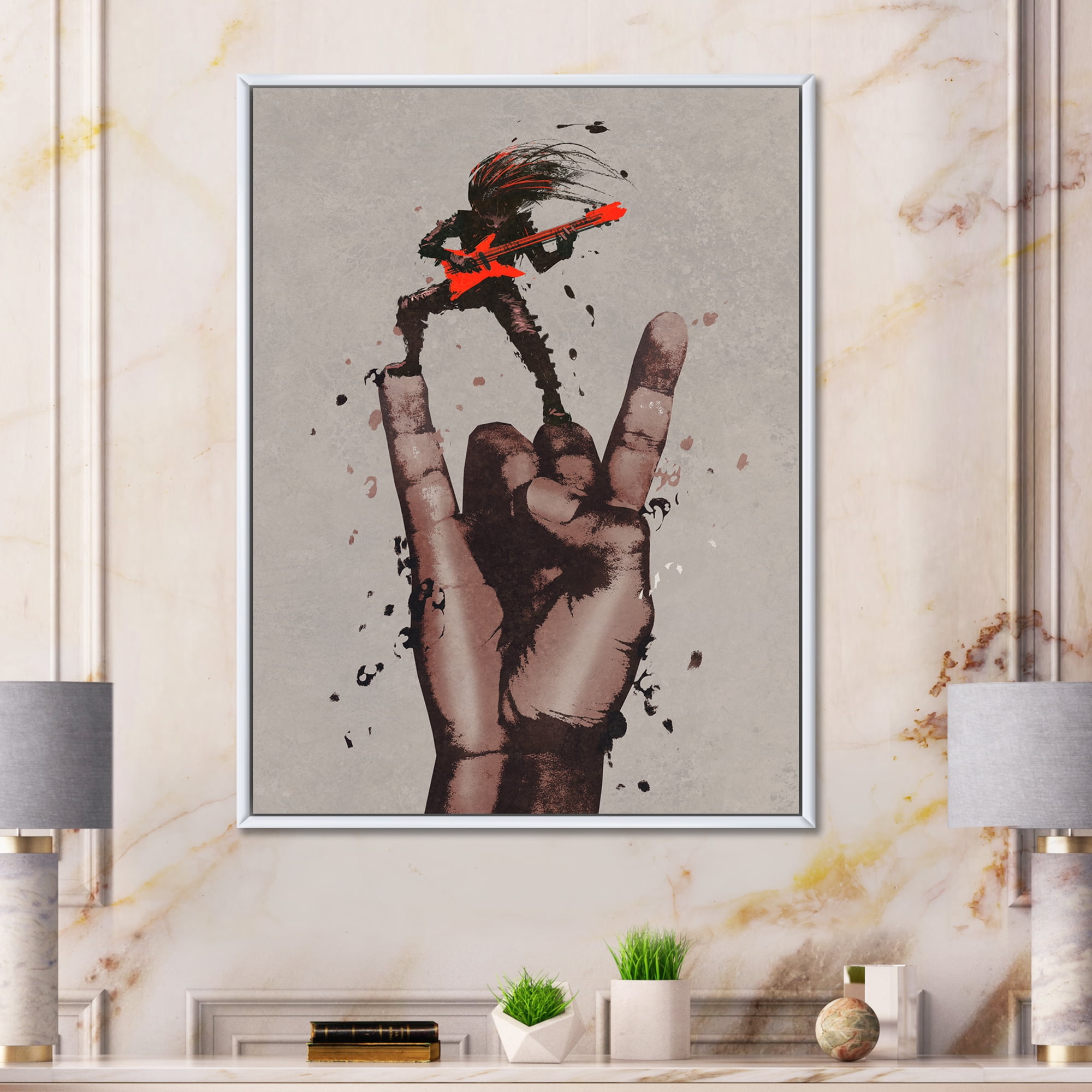 Designart 'The Guitarist On Rock and Roll Sign' Modern Framed Canvas Wall Art Print